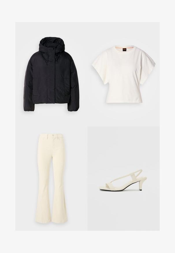 Čierna puffrová bunda s vysokým golierom a kapucňou, so zapracovanými dvoma prednými vreckami a elastickými manžetami. Hladký, ľahký materiál s matným povrchom.; Biely skrátený tričko, krátke široké rukávy, mäkký bavlnený materiál, okrúhly výstrih s jemným oranžovým lemovaním, minimalistický dizajn, bez vzorov alebo grafiky.; Krémové rozšírené džínsy vyrobené z bavlny, s vysokým pásom, zapínaním na gombík a čistými líniami bez viditeľných vzorov alebo akcentov.; Béžové sandále na blokovom podpätku s tenkými pásikmi a štvorcovou špičkou. Hladký materiál s minimálnym detailovaním, navrhnuté pre ľahké nosenie.