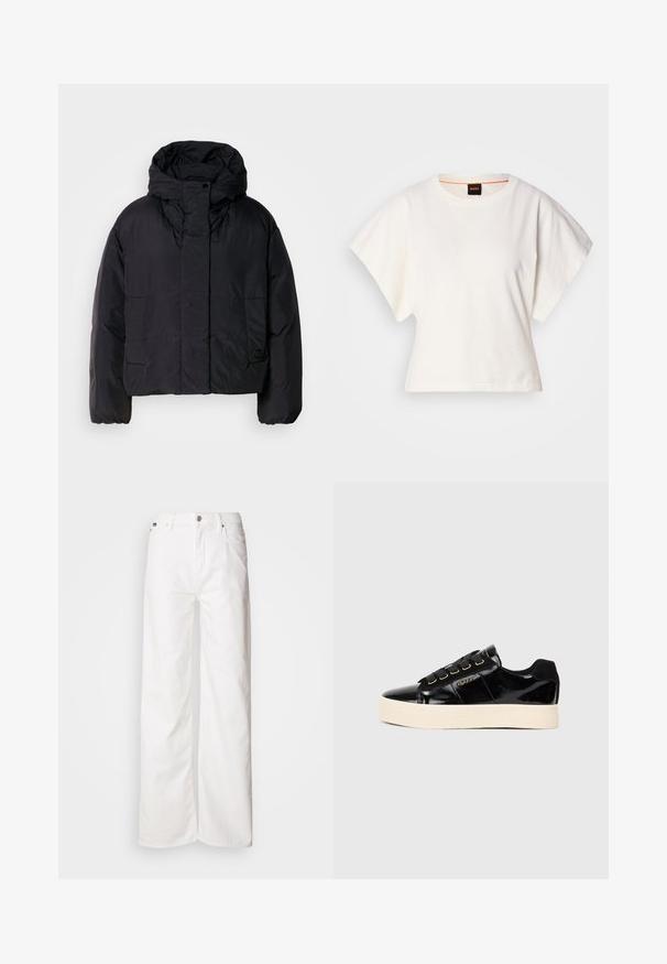 Crna puf jakna s visokim ovratnikom i kapuljačom, koja ima dva prednja džepa i elastične manžete. Glatki, lagani materijal s mat finishem.; Bijeli skraćeni T-shirt, široke kratke rukave, mekani pamučni materijal, okrugli izrez s suptilnim narančastim detaljem, minimalistički dizajn, bez uzoraka ili grafika.; Bijele široke traperice izrađene od mješavine pamuka, s prednjim kopčanjem na dugme, petljama za remen i dvije prednje džepove. Glatka tekstura.; Crne patent kože tenisice s ravnim kremasto bijelim đonom. Sadrže crne vezice, zlatne rupe za vezivanje i detalj loga sa strane. Dizajn s okruglim vrhom.