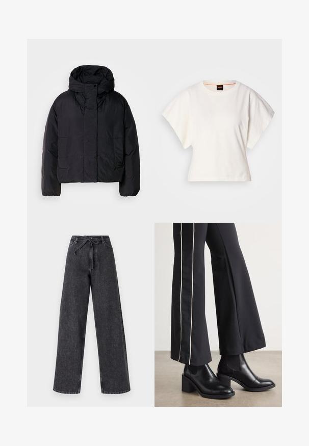 Fekete puffert zakó magas gallérral és kapucnival, két elülső zsebbel és rugalmas mandzsettákkal. Simább, könnyű anyag matt felülettel.; Fehér, rövid, bő ujjú, crop szabású póló, puha pamut anyagból, kerek nyakkivágással, finom narancssárga díszítéssel, minimalista dizájn, minta vagy grafika nélkül.; Magas derekú, bő lábú fekete farmernadrág húzózsinórral. Halvány textúrával és diszkrét varrási részletekkel rendelkezik.; Fekete bőr bokacsizma, tömbsarkúval, oldalán rugalmasszal ellátott panelek találhatók. Fekete nadrággal párosítva, amelynek fehér oldalsávja van.