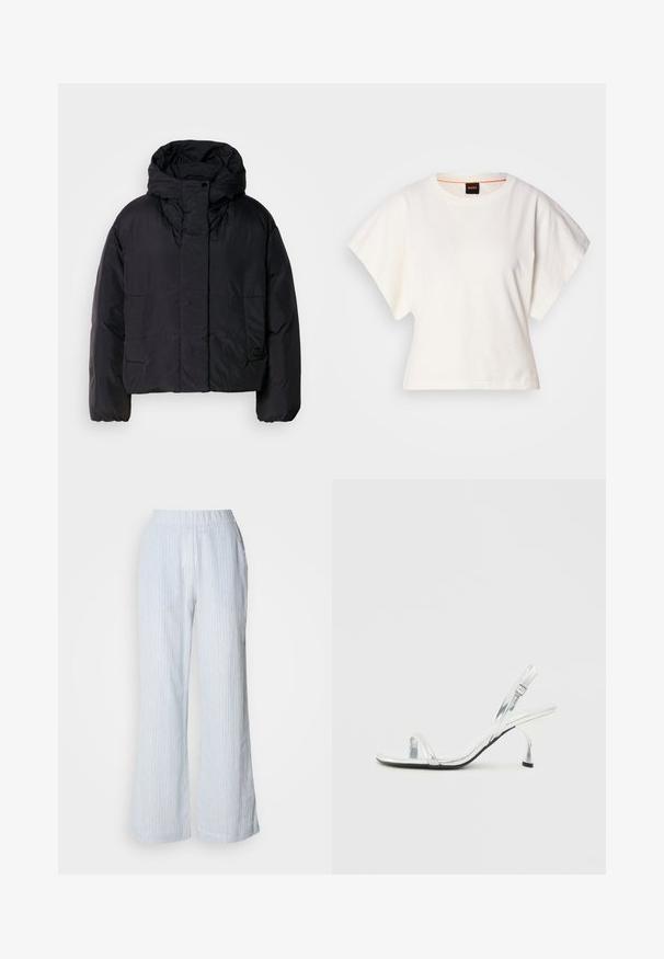 Black puffer jacket with a high collar and hood, featuring two front pockets and elastic cuffs. Smooth, lightweight material with a matte finish.; White cropped T-shirt, short wide sleeves, soft cotton material, round neckline with subtle orange trim, minimal design, no patterns or graphics.; Light blue wide-leg pants with vertical white and red stripes. Features an elastic waistband and side pockets. Smooth cotton-like texture.; Silver patent leather slingback high heel sandal with a narrow toe strap, adjustable buckle, and a slender heel.