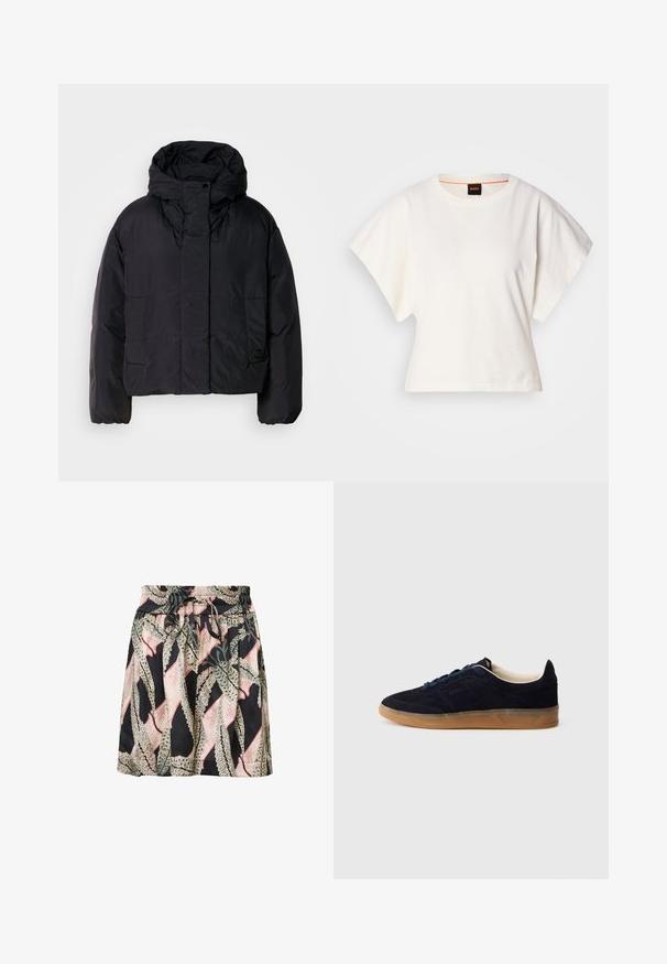Crna puf jakna s visokim ovratnikom i kapuljačom, koja ima dva prednja džepa i elastične manžete. Glatki, lagani materijal s mat finishem.; Bijeli skraćeni T-shirt, široke kratke rukave, mekani pamučni materijal, okrugli izrez s suptilnim narančastim detaljem, minimalistički dizajn, bez uzoraka ili grafika.; Suknja s cvjetnim uzorkom na crnoj pozadini, elastičnom strukom, detaljem na vezanje i laganom, glatkom teksturom.; Tamnoplava brušena tenisica s gumenim potplatom boje gume, plavim vezicama i minimalističkim dizajnom. Ima ulegnuti logo sa strane i glatku unutarnju oblogu.