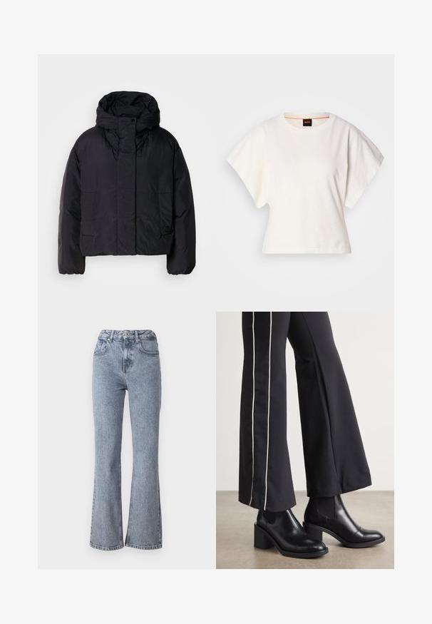 Čierna puffrová bunda s vysokým golierom a kapucňou, so zapracovanými dvoma prednými vreckami a elastickými manžetami. Hladký, ľahký materiál s matným povrchom.; Biely skrátený tričko, krátke široké rukávy, mäkký bavlnený materiál, okrúhly výstrih s jemným oranžovým lemovaním, minimalistický dizajn, bez vzorov alebo grafiky.; Rozšírené svetlomodré džínsy vyrobené z denimu, s vysokým pásom, prednými vreckami a klasickým dizajnom piatich vreciek s jemným vyblednutím.; Čierne kožené členkové topánky s blokovým podpätkom, vybavené elastickými bočnými panelmi. Skombinované s čiernymi nohavicami, ktoré majú biely bočný pruh.