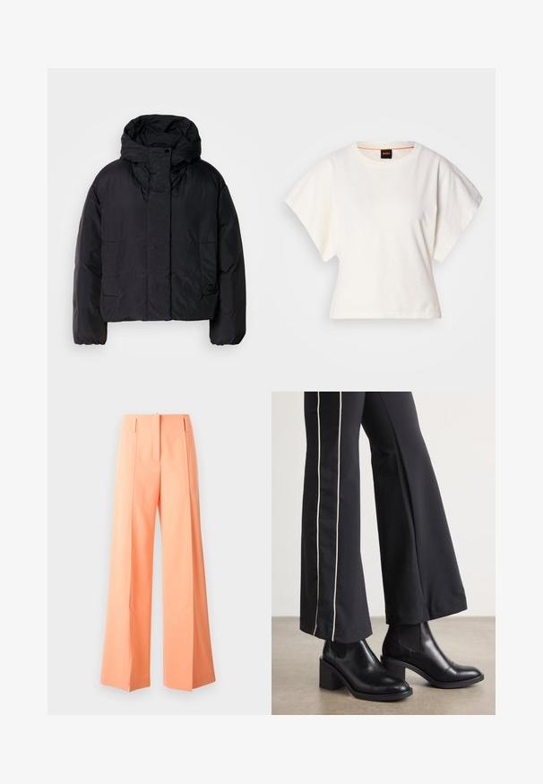 Mustavillane puhvis jope, millel on kõrge krae ja kapuuts, kahel esifliisil ja elastsete mansettidega. Sile, kerge materjal mattpinnaga.; Valge lühikeste laiadte varrukatega lühike T-särk, pehme puuvillane materjal, ümar kaelus kergelt oranži ääristusega, minimaalne disain, ilma mustrite ja graafikateta.; Laiad püksid pastelloranžis, kohandatud disain kaunistustega, valmistatud siledast kangast. Omab külgtaskuid ja puhtaid hemikute detaile.; Mustad nahast pahklu_bootid, millel on ploki konts ja elastsed külgpaneelid. Kombineeritud mustade pükstega, millel on valge küljeriba.