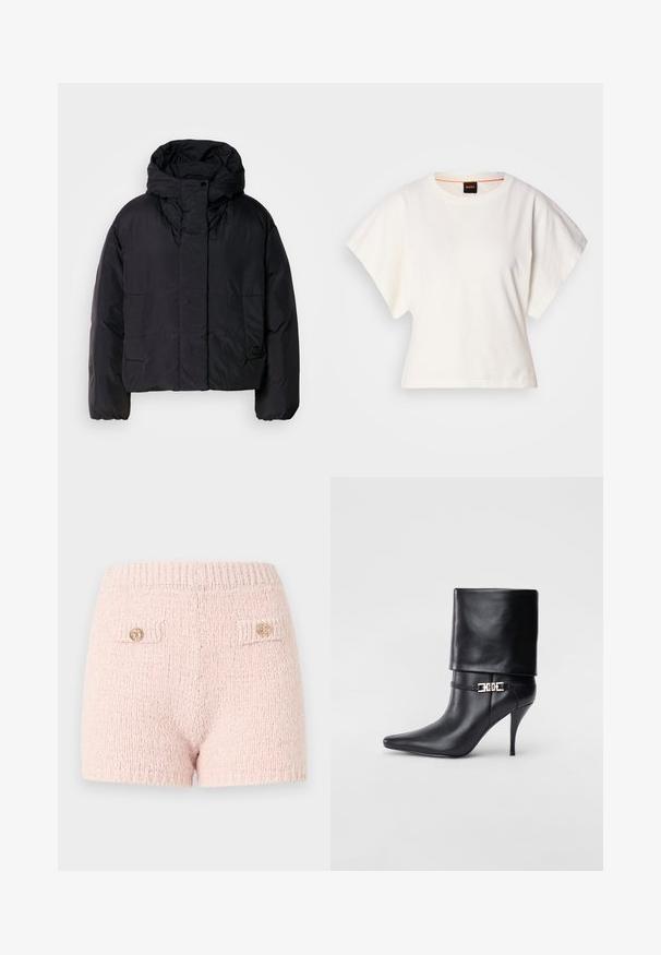 Fekete puffert zakó magas gallérral és kapucnival, két elülső zsebbel és rugalmas mandzsettákkal. Simább, könnyű anyag matt felülettel.; Fehér, rövid, bő ujjú, crop szabású póló, puha pamut anyagból, kerek nyakkivágással, finom narancssárga díszítéssel, minimalista dizájn, minta vagy grafika nélkül.; Rózsaszín kötött rövidnadrág, texturált szövettel, két hátsó zsebbel és díszes arany gombokkal a zsebkrahácsokon.; Fekete bőr bokacsizma hegyes orral, magas stiletto sarokkal, hajtott szegéllyel és arany díszcsattal a bokán.