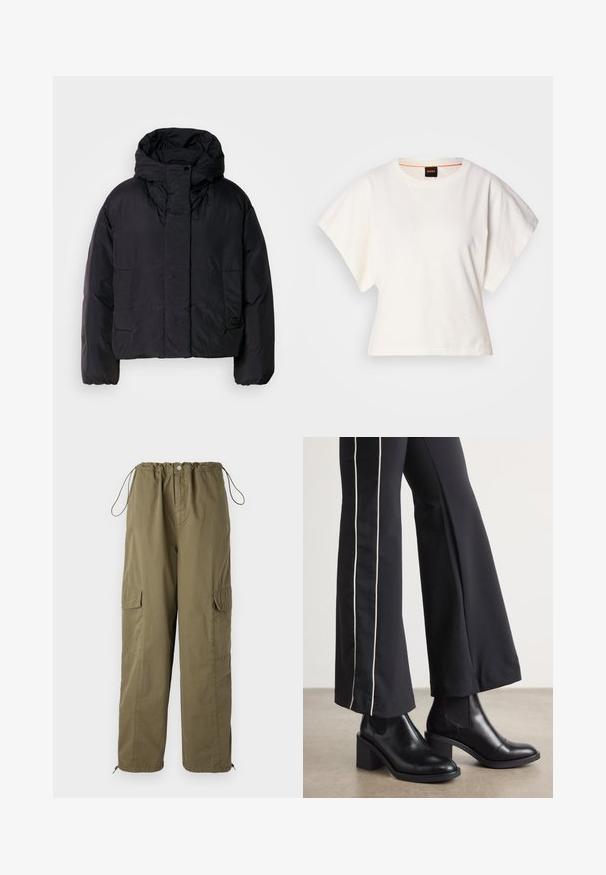 Black puffer jacket with a high collar and hood, featuring two front pockets and elastic cuffs. Smooth, lightweight material with a matte finish.; White cropped T-shirt, short wide sleeves, soft cotton material, round neckline with subtle orange trim, minimal design, no patterns or graphics.; Olive green cargo pants with an elastic waist, drawstring, and pockets on both sides; made from lightweight, textured fabric.; Black leather ankle boots with a block heel, featuring elastic side panels. Paired with black pants that have a white side stripe.