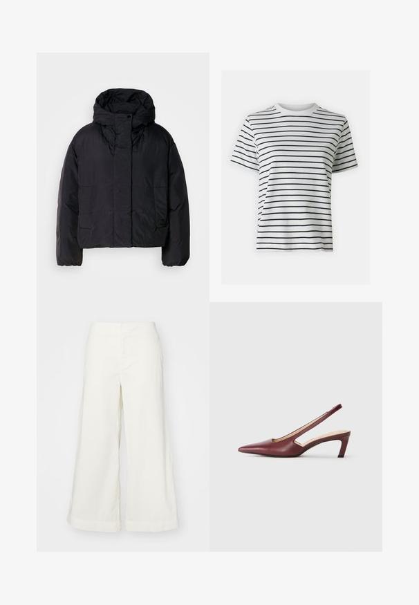 Crna puf jakna s visokim ovratnikom i kapuljačom, koja ima dva prednja džepa i elastične manžete. Glatki, lagani materijal s mat finishem.; Bijela pamučna majica s horizontalnim crnim prugama, kratkim rukavima i dizajnom s okruglim izrezom. Glatka tekstura sa ležernim krojem.; Bijele hlače širokih nogavica od laganog materijala, s visokim strukom i šavovima, nude opušteni kroj i čiste linije.; Burgundske potpetice sa otvorenom pete, oštar vrh, izrezane detalje sa strane i srednje visoku blok petu. Glatka kožna završna obrada.
