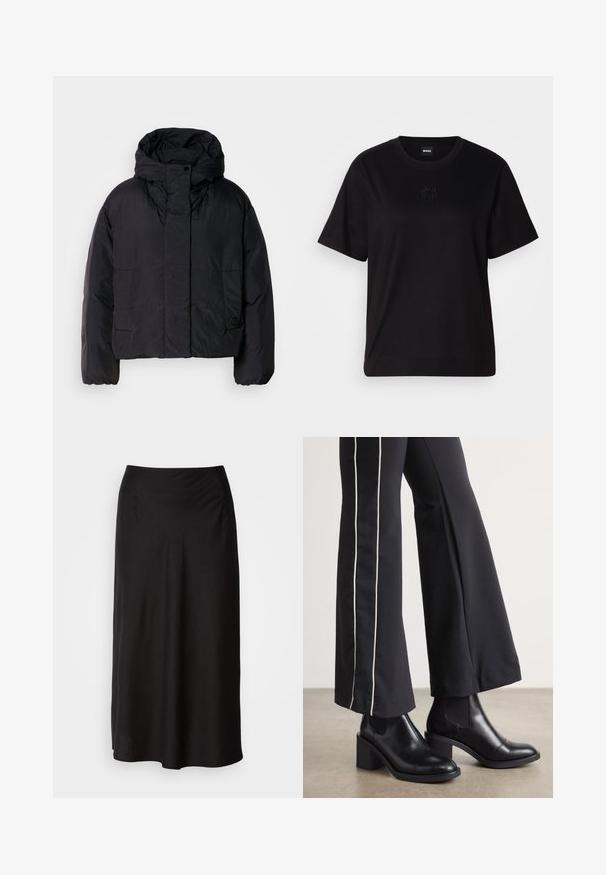 Mustavillane puhvis jope, millel on kõrge krae ja kapuuts, kahel esifliisil ja elastsete mansettidega. Sile, kerge materjal mattpinnaga.; Mustmust särk, millel on ümar kaelus, lühikesed varrukad ja tindiga tikitud logo rinnal. Lihtne, mugav lõige ilma mustriteta.; Must kätkine seelik on valmistatud pehmest ja kergest kangast. Sellel on sile elastne vöökoht ja voolav siluett, millel on veidi A-line kuju.; Mustad nahast pahklu_bootid, millel on ploki konts ja elastsed külgpaneelid. Kombineeritud mustade pükstega, millel on valge küljeriba.