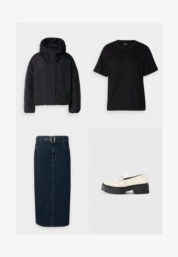 Sort pufferjakke med høj krave og hætte, der har to forlommer og elastiske manchetter. Glat, let materiale med mat finish.; Sort bomulds t-shirt med rund halsudskæring, korte ærmer og et broderet logo på brystet. Enkel, afslappet pasform uden mønstre.; Mørkeblå denim midi-nederdel med lige snit, udstyret med et spænde bælte, sølv hardware og kontrastsyninger langs sømmene.; Hvide læder loafers med en kraftig sort platformsål, der har en rektangulær sølvspænde og synlige syninger på overdelen.