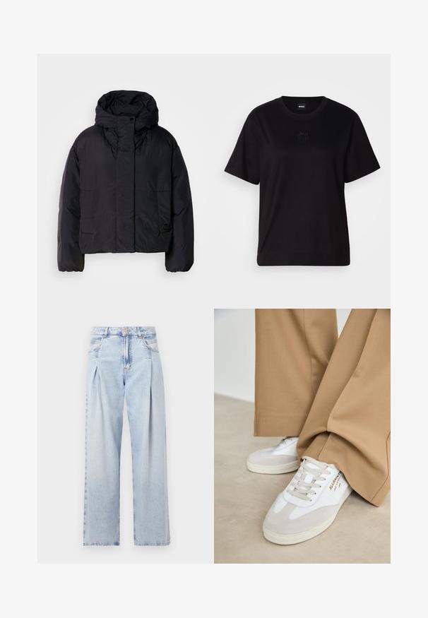 Zwarte pufferjack met een hoge kraag en capuchon, voorzien van twee voorzakken en elastische manchetten. Soepel, lichtgewicht materiaal met een matte afwerking.; Zwarte katoenen t-shirt met een ronde hals, korte mouwen en een geborduurd logo op de borst. Eenvoudige, comfortabele pasvorm zonder patronen.; Lichtblauwe denim jeans met een hoge taille, wijde pijpen, twee zijzakken en geplooid ontwerp. Zachte textuur met een vervaagd uiterlijk.; Witte sneakers met suède accenten, gestructureerde veters en een rubberen zool. Gecombineerd met losse beige broek. Logo zichtbaar aan de zijkant.