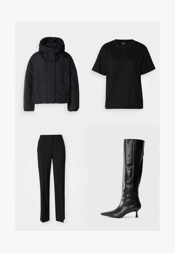 Mustavillane puhvis jope, millel on kõrge krae ja kapuuts, kahel esifliisil ja elastsete mansettidega. Sile, kerge materjal mattpinnaga.; Mustmust särk, millel on ümar kaelus, lühikesed varrukad ja tindiga tikitud logo rinnal. Lihtne, mugav lõige ilma mustriteta.; Mustad ja sirged püksid, millel on sile tekstuur ja teravad voldid esiosas. Ilma nähtavate detailideta.; Must musta kõrge saabas terava ninaga ja sihvakate kaartega kontsadega. Sile tekstuur, keha vastav disain ja nähtava riistvarata või mustriteta.