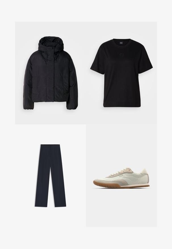 Sort pufferjakke med høj krave og hætte, der har to forlommer og elastiske manchetter. Glat, let materiale med mat finish.; Sort bomulds t-shirt med rund halsudskæring, korte ærmer og et broderet logo på brystet. Enkel, afslappet pasform uden mønstre.; Marineblå wide-leg bukser med elastisk talje, to sidelommer og en glat, vævet tekstur. Ingen synlige mønstre eller hardwarer detaljer.; Hvide og beige sneakers med en glat overdel og suede detaljer, en tekstureret sål og tonet syninger. Snørelukning med logo detalje.