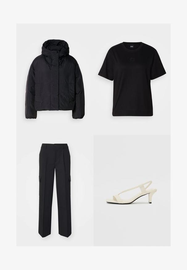 Fekete puffert zakó magas gallérral és kapucnival, két elülső zsebbel és rugalmas mandzsettákkal. Simább, könnyű anyag matt felülettel.; Fekete pamut póló kerek nyakkivágással, rövid ujjakkal és hímzett logóval a mellkasán. Egyszerű, laza szabás, minta nélkül.; Fekete cargo nadrág egyenes szabású dizájnnal, oldalsó zsebekkel, elülső gombos záródással, és struktúrált anyagból készült.; Beige színű, blokksarkú szandálok vékony pántokkal és négyzet alakú orral. Simább anyag, minimális részletezéssel, amely könnyű viselésre lett tervezve.