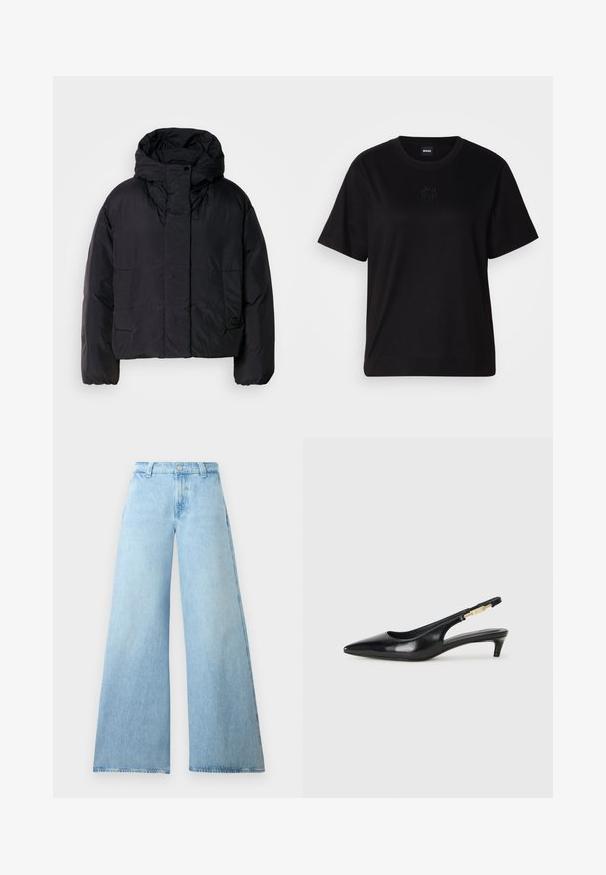 Črna pufasta jakna z visokim ovratnikom in kapuco, ki ima dva sprednja žepa in elastične manšete. Gladek, lahek material z mat površino.; Črna bombažna majica s krožnim izrezom, kratkimi rokavi in izvezenim logotipom na prsih. Preprosta, sproščena silhueta brez vzorcev.; Svetlo modri široki traper hlače z visokim pasom, z gumbom in petimi žepi. Gladka tekstura s sproščenim krojem.; Črne usnjene sandale na peto z ostro konico, ki imajo tanko peto in zlat ton na nastavljivem traku. Gladka tekstura.