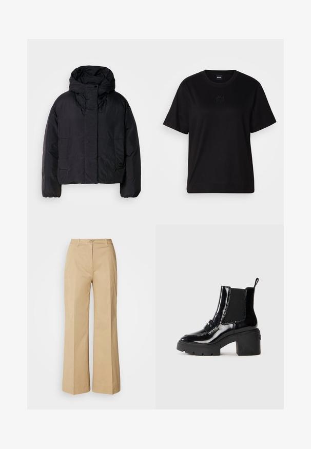 Sort pufferjakke med høj krave og hætte, der har to forlommer og elastiske manchetter. Glat, let materiale med mat finish.; Sort bomulds t-shirt med rund halsudskæring, korte ærmer og et broderet logo på brystet. Enkel, afslappet pasform uden mønstre.; Beige vide ben bukser lavet af en bomuldsblanding. Har en knaplukning, forreste sømdetaljer og en ren nederdel med let tekstur.; Sorte patent ankelstøvler med en chunky hæl, elastiske sidepaneler, dekorativ rem og kontrasterende syninger. Glat tekstur med en blank finish.
