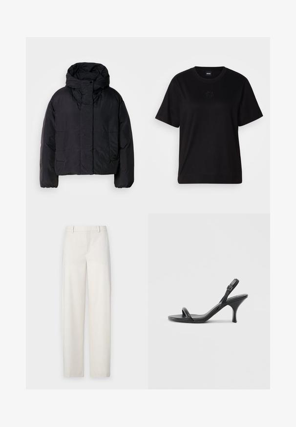 Geacă puffer neagră cu guler înalt și glugă, având două buzunare frontale și manșete elastice. Material neted, ușor, cu un finisaj mat.; T-shirt negru din bumbac, cu guler rotund, mâneci scurte și un logo brodat pe piept. Design simplu, cu o croială relaxată și fără modele.; Pantaloni bej deschis, realizați dintr-un material neted, cu o croială dreaptă, față plată, bucle pentru curea și buzunare laterale.; Sandale cu toc înalt din piele neagră, cu un toc subțire și curbat și un design cu curea încrucișată. Curea la gleznă ajustabilă. Textură netedă.