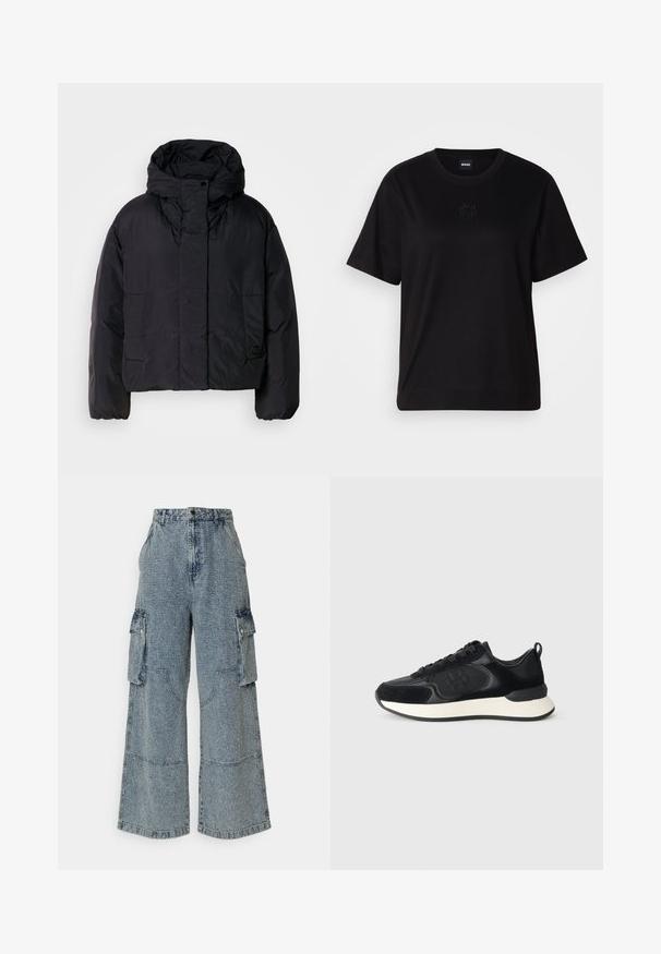 Fekete puffert zakó magas gallérral és kapucnival, két elülső zsebbel és rugalmas mandzsettákkal. Simább, könnyű anyag matt felülettel.; Fekete pamut póló kerek nyakkivágással, rövid ujjakkal és hímzett logóval a mellkasán. Egyszerű, laza szabás, minta nélkül.; Világoskék, bő szabású farmer cargo nadrág, elülső és oldalsó zsebekkel, texturált felülettel és látható varrási részletekkel.; Fekete sportcipő sima bőr felsőrésszel, velúr részletekkel, kerek orrral és kontrasztos fehér középtalppal. Fűzős záródás és logó részlet található rajta.