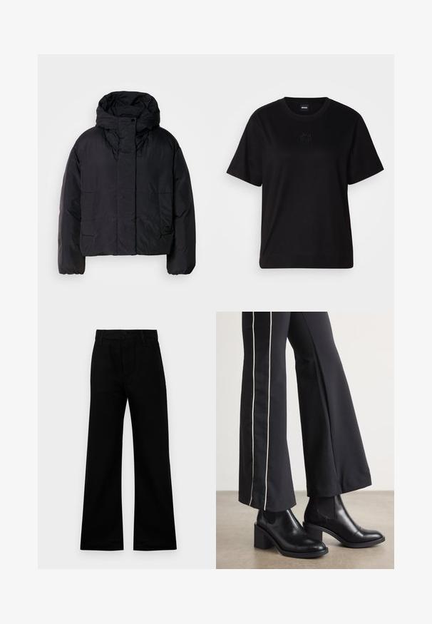 Černá péřová bunda s vysokým límečkem a kapucí, vybavená dvěma předními kapsami a elastickými manžetami. Hladký, lehký materiál s matným povrchem.; Černé bavlněné tričko s kulatým výstřihem, krátkými rukávy a vyšitým logem na hrudi. Jednoduchý, volný střih bez vzorů.; Černé kalhoty širokého střihu vyrobené z hladké látky s vysokým pasem, vybavené knoflíkovým zapínáním a poutky na opasek, poskytující strukturovaný střih.; Černé kožené kotníkové boty na blokovém podpatku, s elastickými bočními panely. V kombinaci s černými kalhotami, které mají bílý boční pruh.