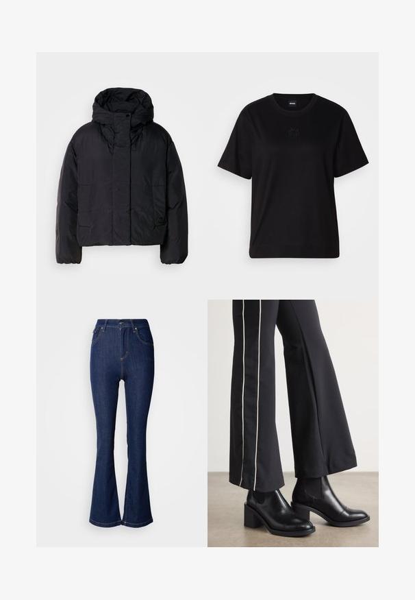 Geacă puffer neagră cu guler înalt și glugă, având două buzunare frontale și manșete elastice. Material neted, ușor, cu un finisaj mat.; T-shirt negru din bumbac, cu guler rotund, mâneci scurte și un logo brodat pe piept. Design simplu, cu o croială relaxată și fără modele.; Jeans evazați de culoare albastru închis din denim, cu talie înaltă, având buzunare frontale, cusături contrastante și închidere cu buton.; Bocanci de piele negri până la gleznă, cu toc pătrat, având panouri elastice pe laterale. Asortați cu pantaloni negri care au o dungi albă pe lateral.