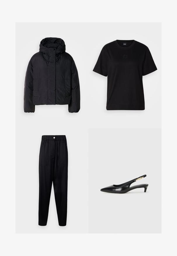 Melna pūka jaka ar augstu apkakli un kapuci, aprīkota ar divām priekšējām kabatām un elastīgam aprocēm. Gluda, viegla auduma struktūra ar matētu apdari.; Melna kokvilnas T-krekls ar apaļu izgriezumu, īsām piedurknēm un izšūtu logotipu uz krūtīm. Vienkāršs, brīvs piegriezums bez rakstiem.; Melnas bikses, kas izgatavotas no gludas, vieglas auduma. Iezīmējas ar elastīgu jostasvietu, sānu kabatām un sašaurinātām kājām, nodrošinot relaksētu piegulšanu.; Melnas ādas slingback zābaki ar smailu purngalu, ar šauru papēdi un zelta krāsas akcentu uz regulējama siksniņas. Gluda tekstūra.