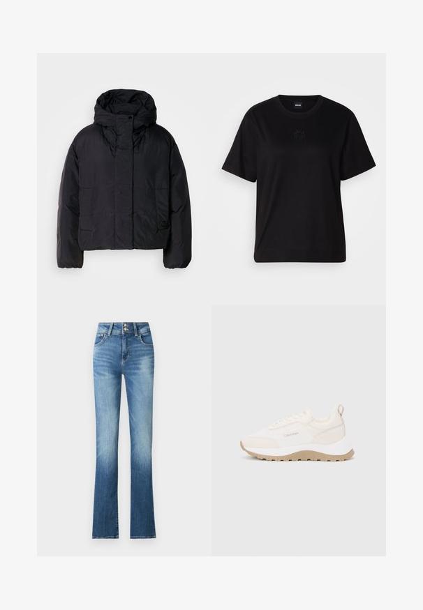 Black puffer jacket with a high collar and hood, featuring two front pockets and elastic cuffs. Smooth, lightweight material with a matte finish.; Black cotton t-shirt with a crew neckline, short sleeves, and an embroidered logo on the chest. Simple, relaxed fit with no patterns.; Blue denim flared jeans with a high waist, featuring light fading, two buttons, and side pockets. The fabric has a smooth texture.; Calvin Klein sneakers in cream and beige with textured fabric, a chunky sole, lace-up closure, and a loop at the heel for easy wear.