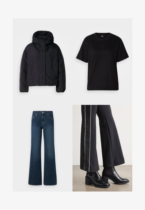 Mustat puhallinjakku korkealla kauluksella ja hupulla, jossa on kaksi etutaskua ja joustavat hihansuut. Liukas, kevyt materiaali, jossa on matta pinta.; Musta puuvillapaita, jossa on pyöreä kaula-aukko, lyhyet hihat ja brodeerattu logo rinnassa. Yksinkertainen, rento istuvuus ilman kuvioita.; Löysät farkut tummansinisessä pesussa, jossa on nappikiinnitys, viisi taskua ja kevyt haalistuma tekstuurissa lisäyksinä.; Mustat nahkasaappaat nilkkapituisilla, lohkareella, joissa on joustavat sivupaneelit. Yhdistetty mustiin housuihin, joissa on valkoinen sivuraita.