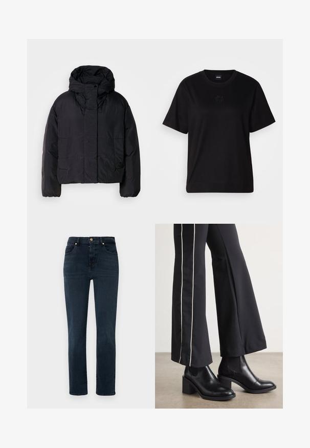 Mustat puhallinjakku korkealla kauluksella ja hupulla, jossa on kaksi etutaskua ja joustavat hihansuut. Liukas, kevyt materiaali, jossa on matta pinta.; Musta puuvillapaita, jossa on pyöreä kaula-aukko, lyhyet hihat ja brodeerattu logo rinnassa. Yksinkertainen, rento istuvuus ilman kuvioita.; Tummansiniset farkut, joissa on suora lahkeiden design, korkeavyötäröinen leikkaus, viisi taskua ja kultasävytetyt yksityiskohdat. Liukaspintaiset, vähäisesti haalistuneet.; Mustat nahkasaappaat nilkkapituisilla, lohkareella, joissa on joustavat sivupaneelit. Yhdistetty mustiin housuihin, joissa on valkoinen sivuraita.