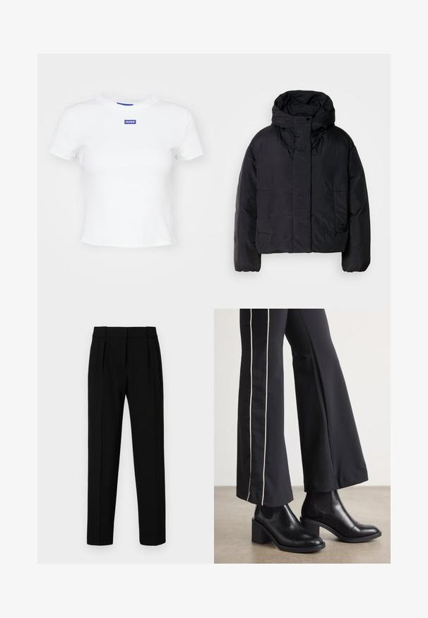 Mustat puhallinjakku korkealla kauluksella ja hupulla, jossa on kaksi etutaskua ja joustavat hihansuut. Liukas, kevyt materiaali, jossa on matta pinta.; Valkoinen puuvillapaita, jossa on lyhyet hihat, pyöreä kaula-aukko ja etuosassa sininen suorakulmainen logo, jossa lukee "HUGO".; Mustat räätälöidyt housut suoran istuvuuden kanssa, laskostettu etuosa, kiiltävä kangas ja keskikokoinen vyötärö. Ei näkyviä taskuja tai metalliosia.; Mustat nahkasaappaat nilkkapituisilla, lohkareella, joissa on joustavat sivupaneelit. Yhdistetty mustiin housuihin, joissa on valkoinen sivuraita.