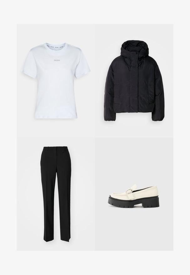 Černá péřová bunda s vysokým límečkem a kapucí, vybavená dvěma předními kapsami a elastickými manžetami. Hladký, lehký materiál s matným povrchem.; Bílý bavlněný tričko s krátkými rukávy, kulatým výstřihem a malým stříbrným logem na hrudi. Měkký materiál a standardní střih.; Černé kalhoty na míru se střihem do rovna, které mají hladkou texturu a ostré sklady na přední straně. Bez viditelného kování.; Bílé kožené mokasíny s robustní černou platformou, vybavené obdélníkovou stříbrnou sponou a viditelným švem na svršku.