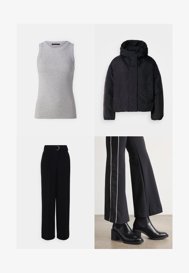 Black puffer jacket with a high collar and hood, featuring two front pockets and elastic cuffs. Smooth, lightweight material with a matte finish.; Grey sleeveless tank top made of ribbed fabric. Features a round neckline and fitted shape. Simple design, no visible patterns or accents.; Black tailored pants with a wide-leg silhouette, featuring a belt with a silver buckle, pleats, and a smooth fabric texture.; Black leather ankle boots with a block heel, featuring elastic side panels. Paired with black pants that have a white side stripe.