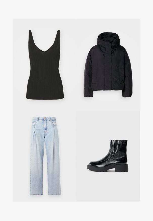 Černá péřová bunda s vysokým límečkem a kapucí, vybavená dvěma předními kapsami a elastickými manžetami. Hladký, lehký materiál s matným povrchem.; Černý žebrovaný top bez rukávů s výstřihem do V. Má přiléhavý střih a strukturovanou tkaninu. Hladký lem.; Světlé modré džíny z denimu s vysokým pasem, širokým střihem, dvěma bočními kapsami a nařaseným designem. Měkká textura s vybledlým povrchem.; Černé kotníkové boty s lesklým lakovaným povrchem, robustní černou gumovou podešví a zvýšeným podpatkem; obsahují jemný logo detail na boku.