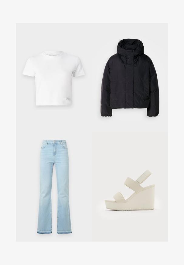 Black puffer jacket with a high collar and hood, featuring two front pockets and elastic cuffs. Smooth, lightweight material with a matte finish.; White cropped t-shirt made of smooth cotton, featuring a high neckline and short sleeves. Small embroidered logo in the bottom corner.; Light blue flared jeans made of denim, featuring a high waist, front pockets, and a raw hem at the cuffs for a casual look.; Beige wedge sandals with two wide straps and a tapered heel. Made of smooth fabric with a textured sole. Logo embossed on the heel.