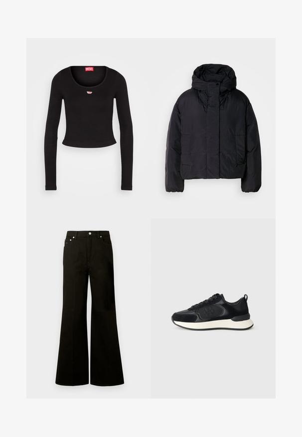 Crna puf jakna s visokim ovratnikom i kapuljačom, koja ima dva prednja džepa i elastične manžete. Glatki, lagani materijal s mat finishem.; Crni dugi rukav uski top napravljen od rebraste tkanine. Ima okrugli izrez i malu crveno-bijelu oznaku na prsima.; Crne traperice širokih nogavica s visokim strukom, prednjim gumbom i patentnim zatvaračem, petljama za remen i pet džepova, uključujući mali džep za novčiće.; Crne atletske cipele s glatkim gornjim dijelom od kože, akcentima od antilopa, okruglim vrhom i kontrastnim bijelim međupotplatom. Imaju vezanje i detalj s logotipom.