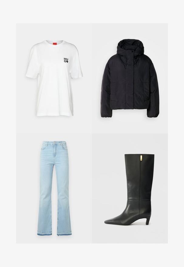 Mustavillane puhvis jope, millel on kõrge krae ja kapuuts, kahel esifliisil ja elastsete mansettidega. Sile, kerge materjal mattpinnaga.; Valge puuvillane T-särk lühikeste varrukatega, mille vasakul rinnal on must "HUGO" logo ja kaelusel punane silt.; Heledad helesinised teksad, mis on valmistatud denimist, kõrge vöökohaga, esikottidega ning toore äärtega sääreosas, et luua lõdvestunud välimus.; Mustmustest mustakõrgune musta nahast saabas terava ninaga ja väikese kontsaga. Omab sujuvat disaini kuldse aksendi detailiga. Sile tekstuur.