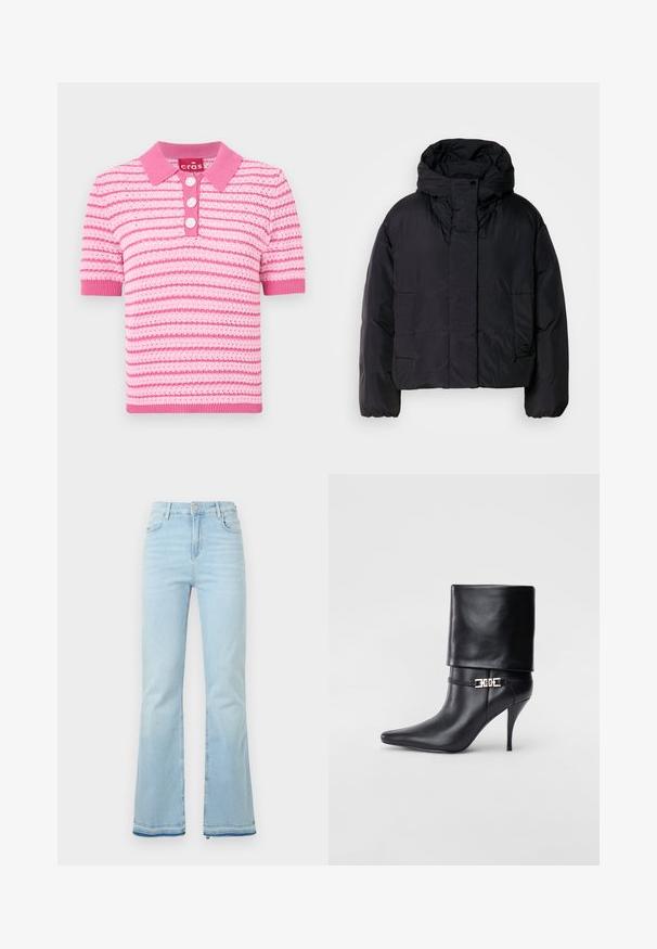 Veste matelassée noire avec un col haut et une capuche, dotée de deux poches avant et de poignets élastiques. Matériau lisse et léger avec une finition mate.; Polo shirt rose à rayures, avec un col, des manches courtes et trois boutons. Le tissu semble texturé ; accents en rose clair.; Jean flare bleu clair en denim, avec une taille haute, des poches avant et un ourlet brut au niveau des poignets pour un look décontracté.; Bottine en cuir noir avec un bout pointu, un haut talon aiguille, un revers, et un détail décoratif en boucle dorée au niveau de la cheville.