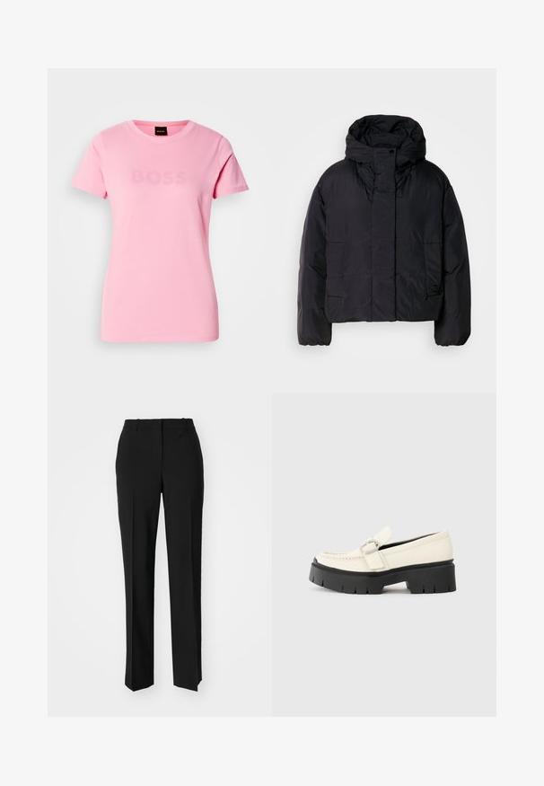Casaco puffer preto com colarinho alto e capuz, apresentando dois bolsos frontais e punhos elásticos. Material suave e leve com um acabamento mate.; T-shirt de algodão rosa com mangas curtas e decote redondo. Apresenta um discreto logotipo "BOSS" na mesma cor na zona do peito.; Calças pretas de corte ajustado com um design de perna reta, apresentando uma textura lisa e pregas bem definidas na frente. Sem hardware visível.; Mocassim de couro branco com sola plataforma preta robusta, apresentando uma fivela retangular prateada e detalhes de costura visíveis na parte superior.