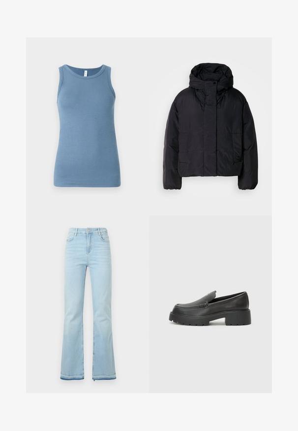 Casaco puffer preto com colarinho alto e capuz, apresentando dois bolsos frontais e punhos elásticos. Material suave e leve com um acabamento mate.; Camisola sem mangas azul feita de algodão suave, com um decote redondo e um design ajustado. Textura suave sem padrões visíveis.; Jeans flare azul claro feitos de denim, com uma cintura alta, bolsos frontais e uma bainha desgastada nas bainhas para um look casual.; Mocassins de couro preto com bico arredondado, sola espessa e texturizada, e detalhes de costura minimalistas. Design elegante sem atacadores ou ferragens visíveis.