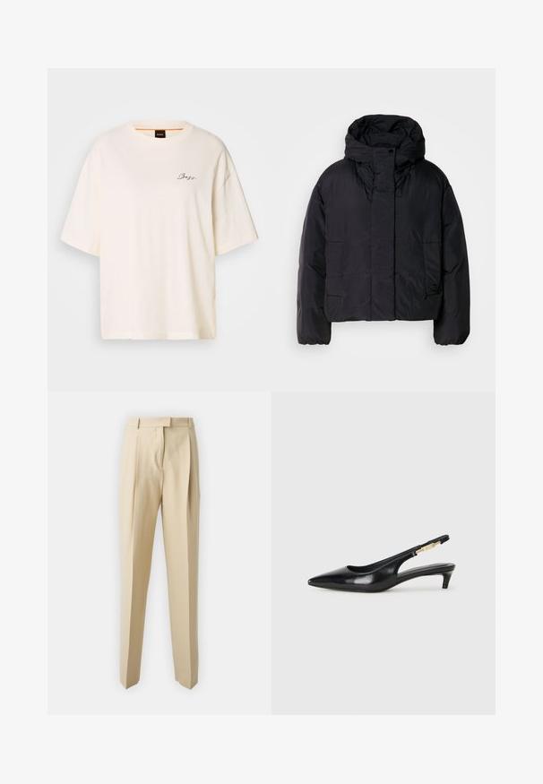 Black puffer jacket with a high collar and hood, featuring two front pockets and elastic cuffs. Smooth, lightweight material with a matte finish.; White oversized T-shirt made of soft fabric, featuring a round neck and short sleeves, with a small black "Boss" logo on the front.; Beige tailored trousers with a straight cut, featuring pleats, a waistband, and a smooth texture. No visible pockets or embellishments.; Black leather slingback heels with a pointed toe, featuring a slim heel and a gold-tone accent on the adjustable strap. Smooth texture.