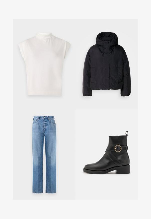 Black puffer jacket with a high collar and hood, featuring two front pockets and elastic cuffs. Smooth, lightweight material with a matte finish.; White sleeveless turtleneck top made of soft fabric, featuring a structured design with a smooth texture and subtle ribbed hem detail.; Light blue denim jeans with a straight-leg design, featuring a high waist, five pockets, and visible stitching. The texture is smooth and classic.; BOSS IRYNA BOOTIE - Platform ankle boots - black