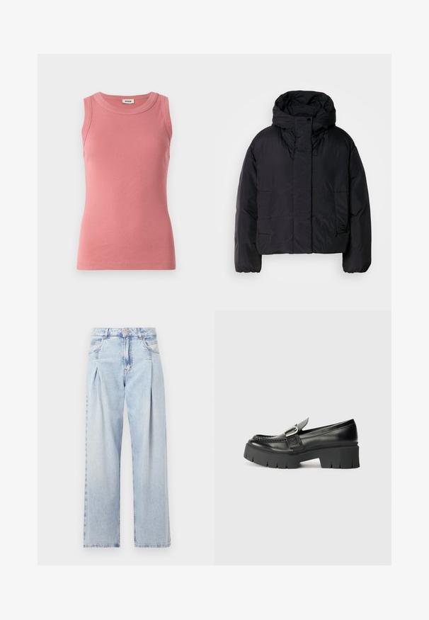 Black puffer jacket with a high collar and hood, featuring two front pockets and elastic cuffs. Smooth, lightweight material with a matte finish.; Pink ribbed tank top with a round neckline, sleeveless design, and a fitted silhouette, crafted from a soft, stretchable material.; Light blue denim jeans with a high waist, wide-leg cut, two side pockets, and pleated design feature. Soft texture with a faded finish.; Black leather loafers with a chunky rubber sole. Features a buckle accent and stitched detailing along the upper. Flat heel.