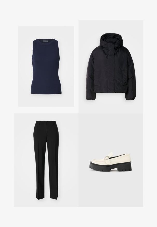 Black puffer jacket with a high collar and hood, featuring two front pockets and elastic cuffs. Smooth, lightweight material with a matte finish.; Navy blue sleeveless top made of ribbed fabric, featuring a crew neckline and a fitted silhouette. Simple design with no additional embellishments.; Black tailored trousers with a straight-leg design, featuring a smooth texture and crisp creases along the front. No visible hardware.; White leather loafer with a chunky black platform sole, featuring a rectangular silver buckle and visible stitching detail on the upper.
