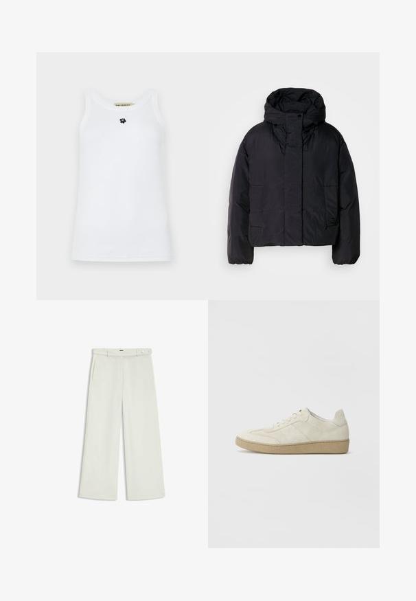 Black puffer jacket with a high collar and hood, featuring two front pockets and elastic cuffs. Smooth, lightweight material with a matte finish.; White sleeveless tank top made of cotton, featuring a round neckline and a small black bear logo at the center. Smooth texture.; Wide-leg pants in light cream fabric, featuring side pockets, a flat front, and a single button closure at the waist. Smooth texture.; Beige suede sneakers with a textured design, flat rubber sole, and distinct side stitching. Round toe and padded collar detail.