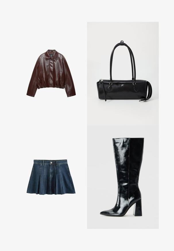 Bordowa skórzana krótka kurtka z kołnierzem, dwoma bocznymi kieszeniami i gładką, błyszczącą teksturą. Posiada elastyczny dół w talii.; Czarny sweter z długim rękawem, dzianinowy, z okrągłym dekoltem, ribbowymi mankietami i dolnym wykończeniem oraz skróconą długością.; Next - Spódnica mini; Czarne kozaki do kolan wykonane z błyszczącej skóry, z wywiniętym noskiem i masywnym, geometrycznym obcasem o gładkiej fakturze.; Czarna skórzana torebka o prostokątnym kształcie, gładkiej fakturze, z dwoma uchwytami, zamek błyskawiczny oraz małe logo z przodu.