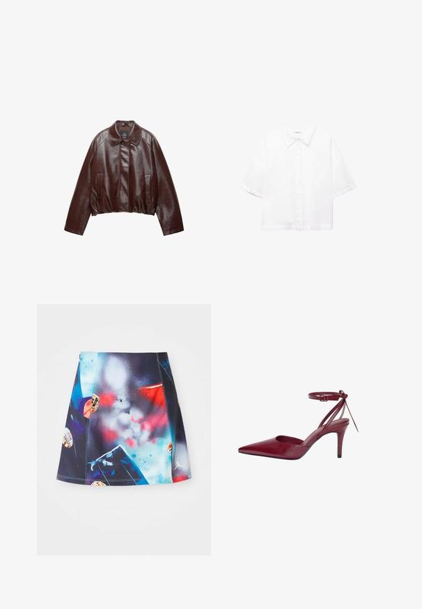 Jachetă din piele burgundă, scurtă, cu guler, două buzunare laterale și o textură netedă, lucioasă. Prezintă tiv elastic la talie.; Cămașă albă cu mâneci scurte, din bumbac, cu un guler clasic, închidere frontală cu butoane și o croială lejeră. Textură netedă, fără modele.; Fustă sport scurtă, multicoloră, cu un design vibrant de stropi și accente cu logo-uri. Confectionată dintr-un material ușor și respirabil.; Pantof burgundy din piele, cu toc înalt, vârful ascuțit, laterale deschise și bareta la gleznă. Prezintă un design elegant și o textura netedă.