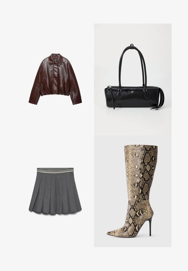 Bordowa skórzana krótka kurtka z kołnierzem, dwoma bocznymi kieszeniami i gładką, błyszczącą teksturą. Posiada elastyczny dół w talii.; Koszula w kratę z flaneli w kolorze czarnym, białym i szarym. Posiada zapięcie na guziki, dwie kieszenie na piersi oraz długie rękawy z guzikami przy mankietach.; Ciemnoszara spódnica plisowana z paskiem elastycznym w paski w jasnych i ciemnych odcieniach, ułożona na płasko na białym tle.; Botki na obcasie w kształcie stiletto do kolan, z ostrym noskiem i wzorem w beżowo-czarnego węża, zaprezentowane z boku na jednolitym tle.; Czarna skórzana torebka o prostokątnym kształcie, gładkiej fakturze, z dwoma uchwytami, zamek błyskawiczny oraz małe logo z przodu.