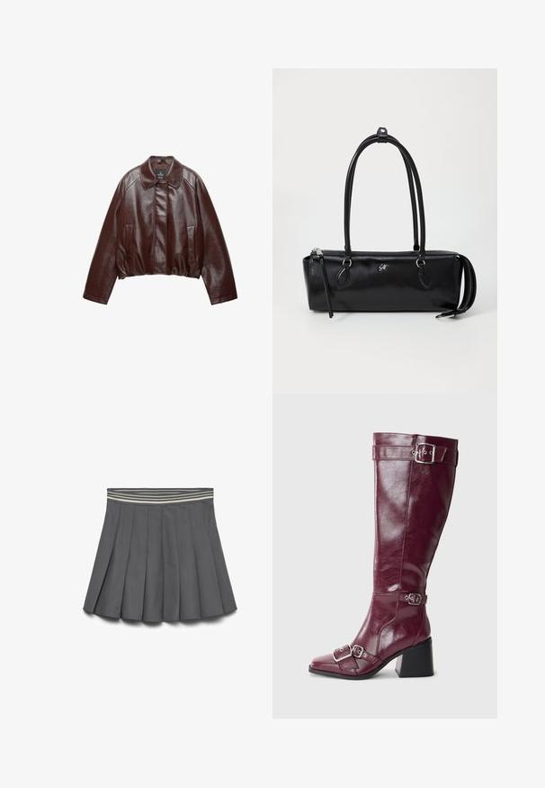 Bordowa skórzana krótka kurtka z kołnierzem, dwoma bocznymi kieszeniami i gładką, błyszczącą teksturą. Posiada elastyczny dół w talii.; Koszula w kratę z flaneli w kolorze czarnym, białym i szarym. Posiada zapięcie na guziki, dwie kieszenie na piersi oraz długie rękawy z guzikami przy mankietach.; Ciemnoszara spódnica plisowana z paskiem elastycznym w paski w jasnych i ciemnych odcieniach, ułożona na płasko na białym tle.; Burgundowe skórzane kozaki do kolan z wąskim noskiem, srebrnymi klamrami i słupkowym obcasem. Posiadają gładką, błyszczącą fakturę.; Czarna skórzana torebka o prostokątnym kształcie, gładkiej fakturze, z dwoma uchwytami, zamek błyskawiczny oraz małe logo z przodu.