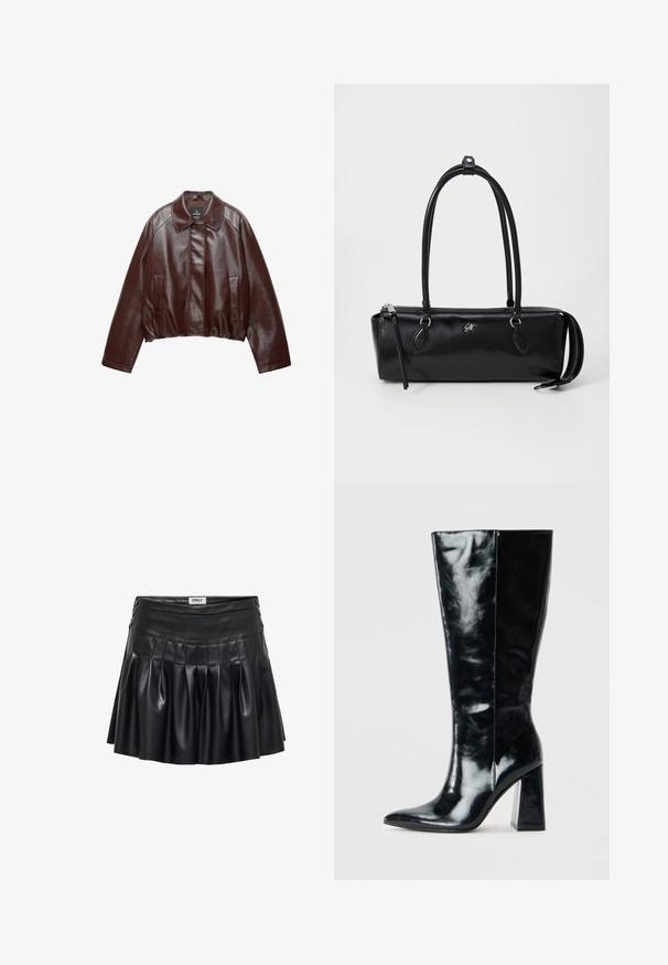 Burgundská kožená skrátená bunda s golierom, dvomi bočnými vreckami a hladkou, lesklou textúrou. Má elastický lem v oblasti pásu.; Károvaná flanelová košeľa v čiernej, bielej a šedej farbe. Má zapínanie na gombíky vpredu, dve vrecká na hrudi a dlhé rukávy so zapínaním na gombíky.; Čierna sukňa z umelého kože s plisovaním, vypasovaným pásom a dekoratívnymi kovovými prvkami po bokoch. Hladká textúra s lesklým povrchom.; Čierne čižmy po kolená vyrobené z lesklej kože, s špicatou špičkou a robustným geometrickým opätkom s hladkým povrchom.; Čierna kožená kabelka s obdĺžnikovým tvarom, hladkým povrchom, dvoma uchami, zipsom na uzatvorenie a malým logom na prednej strane.