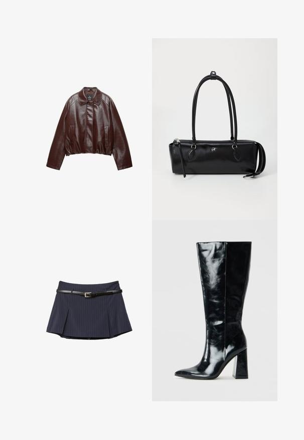 Burgundska kožna skraćena jakna s ovratnikom, dvije bočne džepove i glatku, sjajnu teksturu. Ima elastičnu rub na struku.; Karirano flanel košulja u crnoj, bijeloj i sivoj boji. Ima prednje dugmadi, dva džepa na prsima i duge rukave s dugmadima na manžetama.; Tamno plava mini suknja s prugicama, s prednjim plisama i tankim crnim kožnim remenom sa srebrnom kopčom.; Crne čizme do koljena od sjajne kože, s oštrim vrhom i debelim geometrijskim potplatom s glatkom teksturom.; Crna kožna torba u pravokutnom obliku, glatke teksture, s dva ručka, zatvaranjem na patentni zatvarač i malim logom sprijeda.