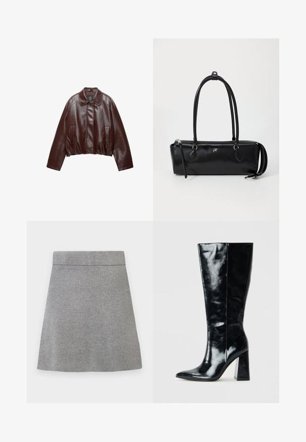 Burgundská kožená skrátená bunda s golierom, dvomi bočnými vreckami a hladkou, lesklou textúrou. Má elastický lem v oblasti pásu.; Károvaná flanelová košeľa v čiernej, bielej a šedej farbe. Má zapínanie na gombíky vpredu, dve vrecká na hrudi a dlhé rukávy so zapínaním na gombíky.; Šedá pletená sukňa A-line so širokým pásom a hladkým povrchom, vystavená na bielom pozadí.; Čierne čižmy po kolená vyrobené z lesklej kože, s špicatou špičkou a robustným geometrickým opätkom s hladkým povrchom.; Čierna kožená kabelka s obdĺžnikovým tvarom, hladkým povrchom, dvoma uchami, zipsom na uzatvorenie a malým logom na prednej strane.