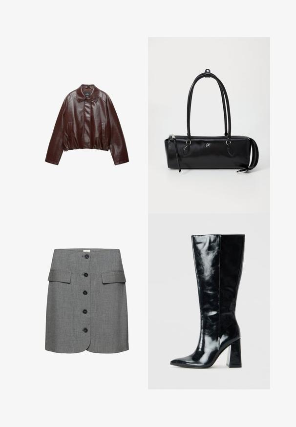 Burgundská kožená zkrácená bunda s límečkem, dvěma postranními kapsami a hladkým, lesklým povrchem. Má elastický lem v pase.; Kostkovaná flanelová košile v černé, bílé a šedé barvě. Obsahuje zapínání na knoflíky vpředu, dvě náprsní kapsy a dlouhé rukávy s knoflíkovými manžetami.; Šedá pruhovaná sukně s dvěma předními kapsami, kulatým lemem a šesti černými knoflíky po celé délce vpředu pro zapínání. Strukturovaná textilie.; Černé kozačky po kolena vyrobené z lesklé kůže, s špičatou špičkou a mohutným geometrickým podpatkem s hladkým povrchem.; Černá kožená kabelka obdélníkového tvaru, hladké textury, se dvěma uchy, zipovým uzávěrem a malým logem na přední straně.