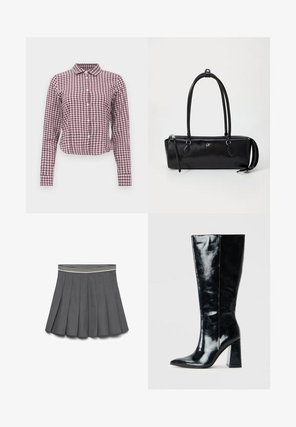 Burgundy leather cropped jacket with a collared neckline, two side pockets, and a smooth, shiny texture. Features elastic hem at the waist.; Long-sleeve button-up shirt in pink and purple checkered pattern. Features a collar, curved hem, and soft fabric texture.; Dark gray pleated skirt with a striped elastic waistband in light and dark shades, laid flat on a white background.; Black knee-high boots made of glossy leather, featuring a pointed toe and a chunky geometric heel with a smooth texture.; Black leather handbag with a rectangular shape, smooth texture, two handles, zip closure, and a small logo on the front.